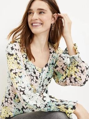 LOFT Pastel Floral Button-Front Blouse in Black Background NWT